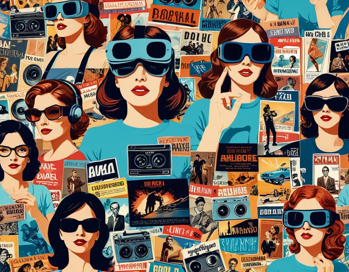 A collage showcasing the evolution of adult media, from classic film reels and early adult magazines to modern virtual reality experiences. Include icons of diverse adult communities engaging in discussions and sharing content. Use a playful and bold color palette to reflect the vibrancy of this genre. The background should be a gradient that transitions from vintage sepia tones to sleek digital blues, representing the shift in mediums. Give it a graphic novel style, full of dynamic illustrations.