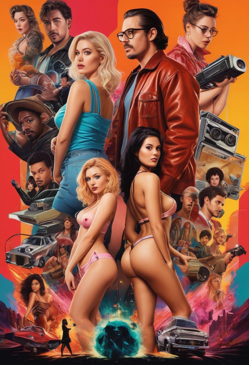 A vibrant and alluring collage of various adult film genres, showcasing diverse characters engaging in creative and playful scenarios. Include elements like film reels, digital screens, and online community symbols to represent connectivity. The background should be an abstract design symbolizing exploration and adventure in adult entertainment. Emphasize bold colors and dynamic shapes to create an inviting atmosphere. super-realistic. vibrant colors. 3D.