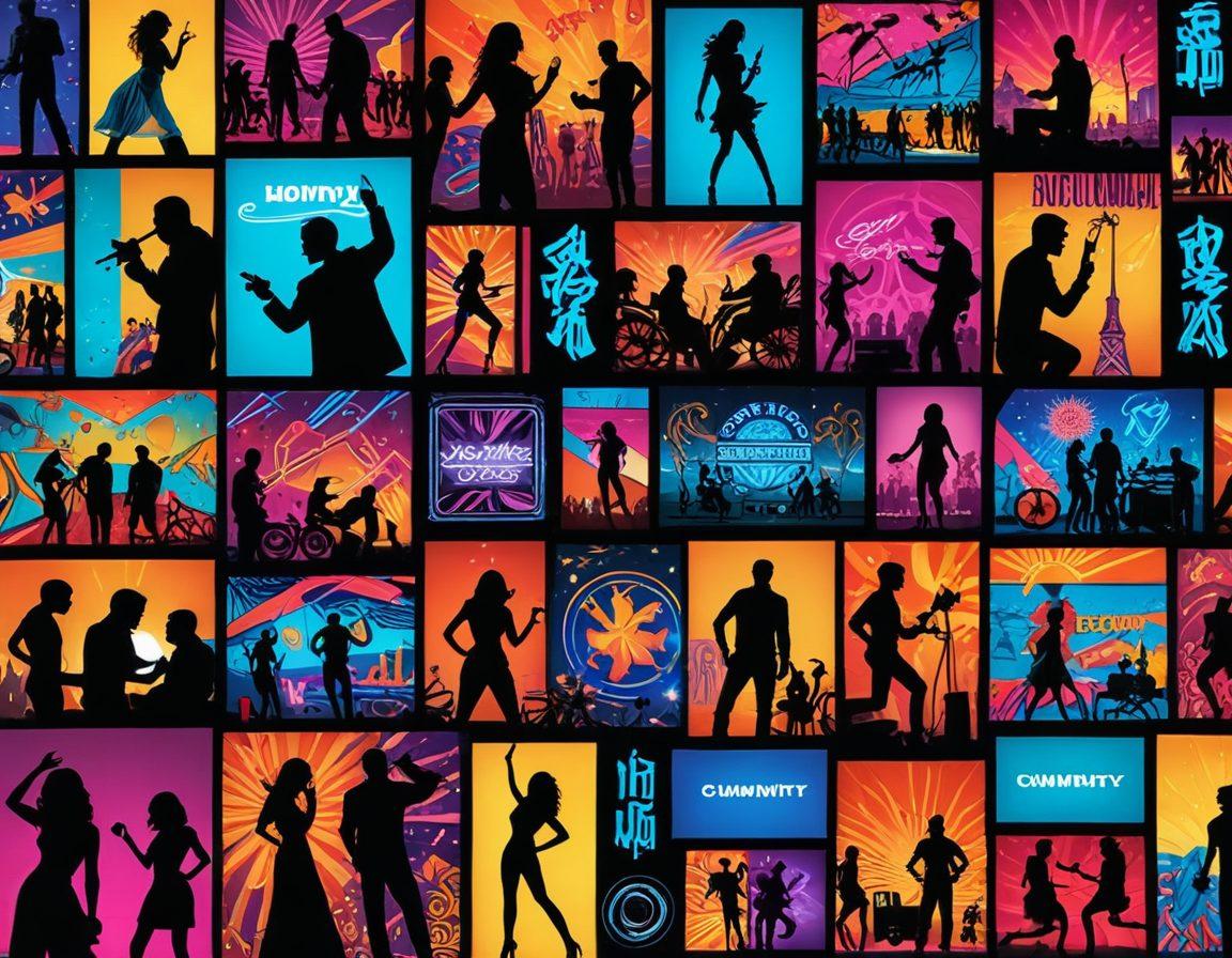A vibrant collage showcasing diverse adult entertainment genres, featuring playful silhouettes, various iconic film reels, and a mix of digital screens displaying abstract adult content. Include colorful silhouettes of people in different poses to represent community engagement. The backdrop should be a lively nightlife scene with neon lights. super-realistic. vibrant colors. digital art.